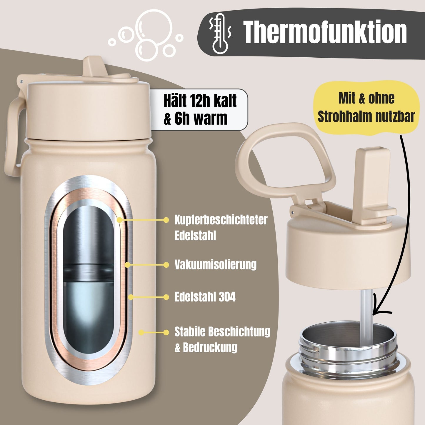 Thermo Kinder Trinkflasche Edelstahl - Dinos braun