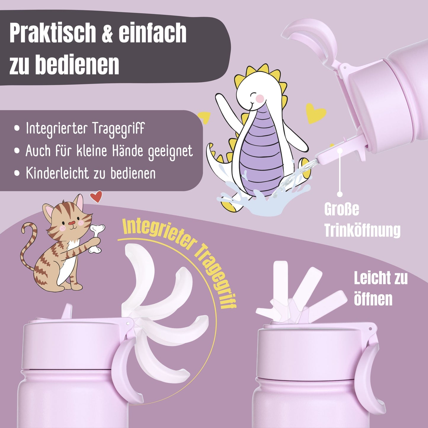 Thermo Kinder Trinkflasche Edelstahl - Hund&Katze lila