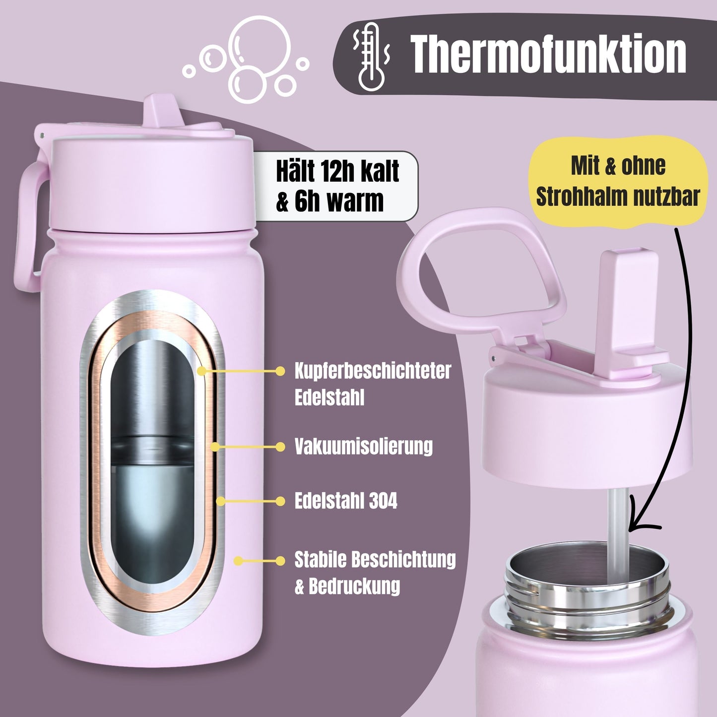 Thermo Kinder Trinkflasche Edelstahl - BubbleTea lila