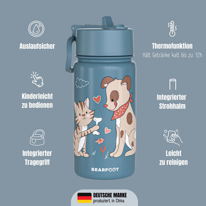 Thermo Kinder Trinkflasche Edelstahl - Hund & Katze blau