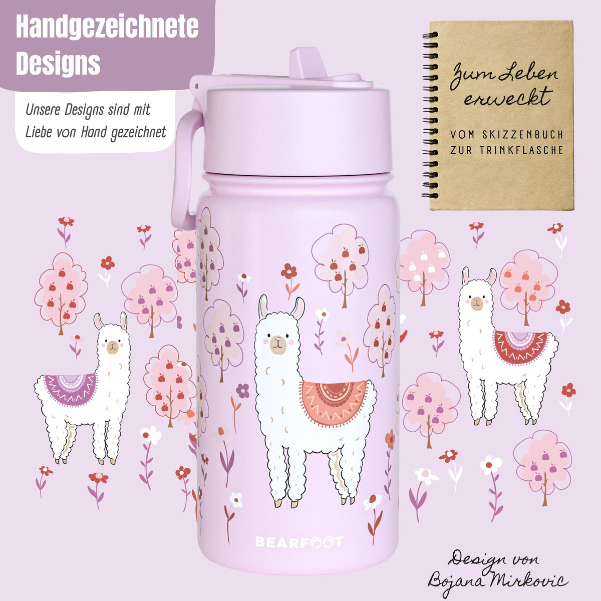 Thermo Kinder Trinkflasche Edelstahl - Lama lila