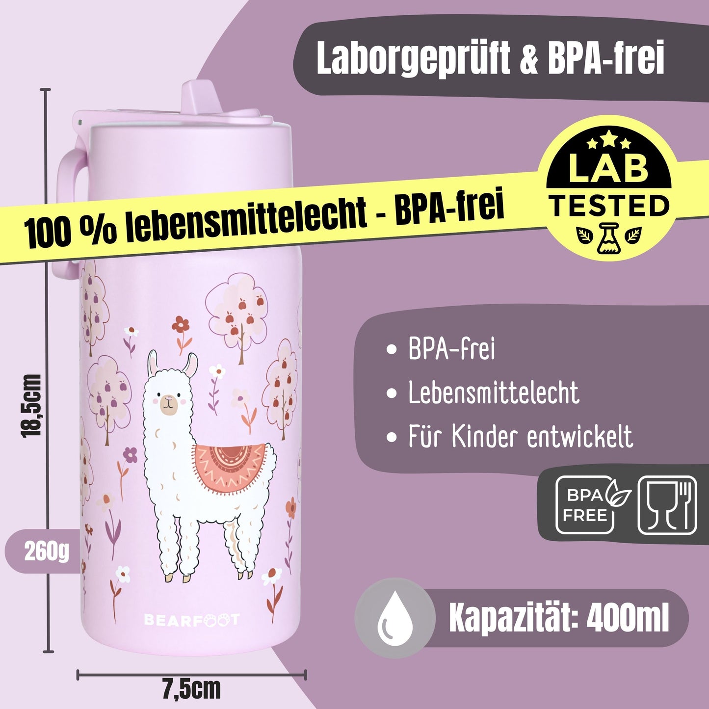 Thermo Kids Water Bottle Stainless Steel - Llama Purple