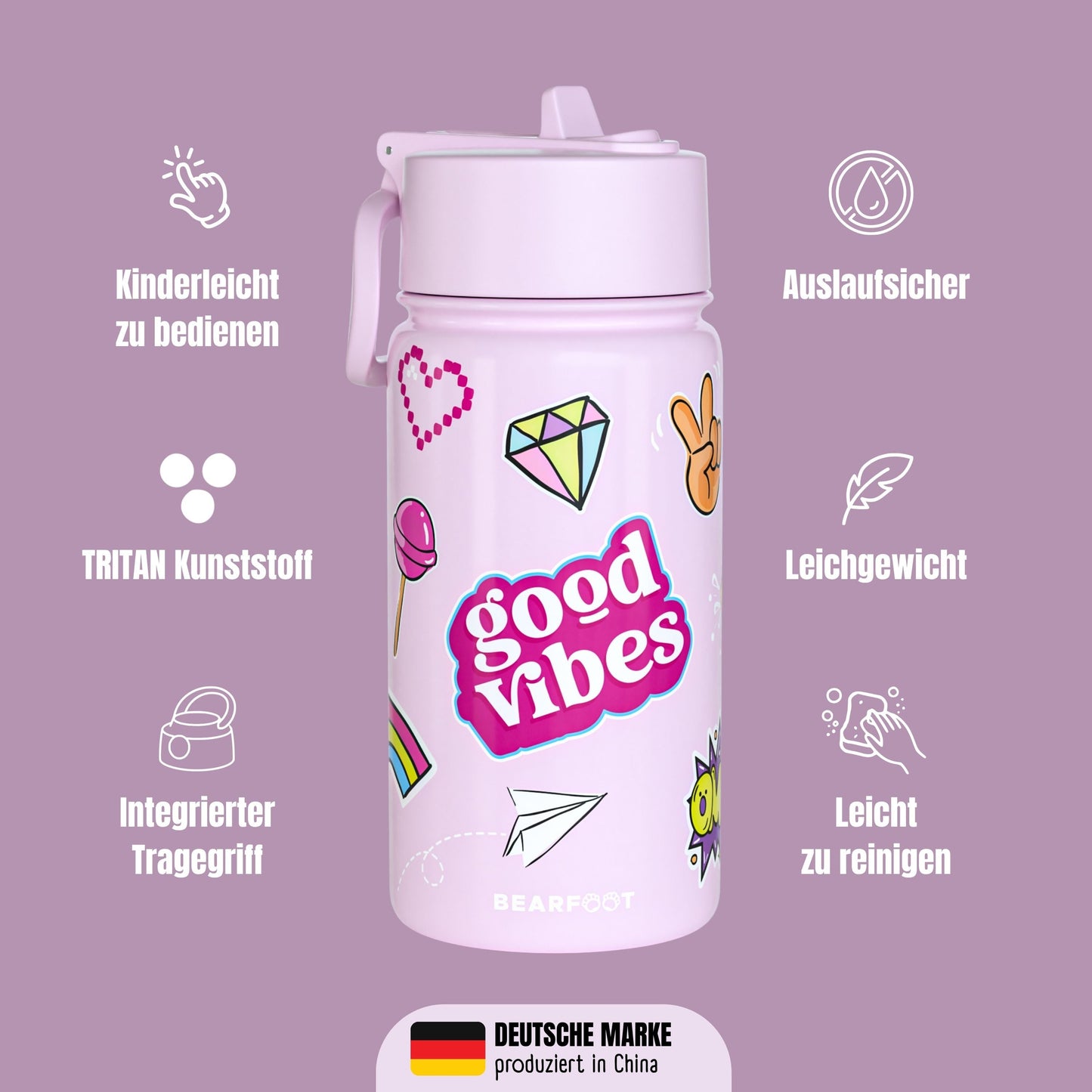 Thermo Kinder Trinkflasche Edelstahl - Sticker lila