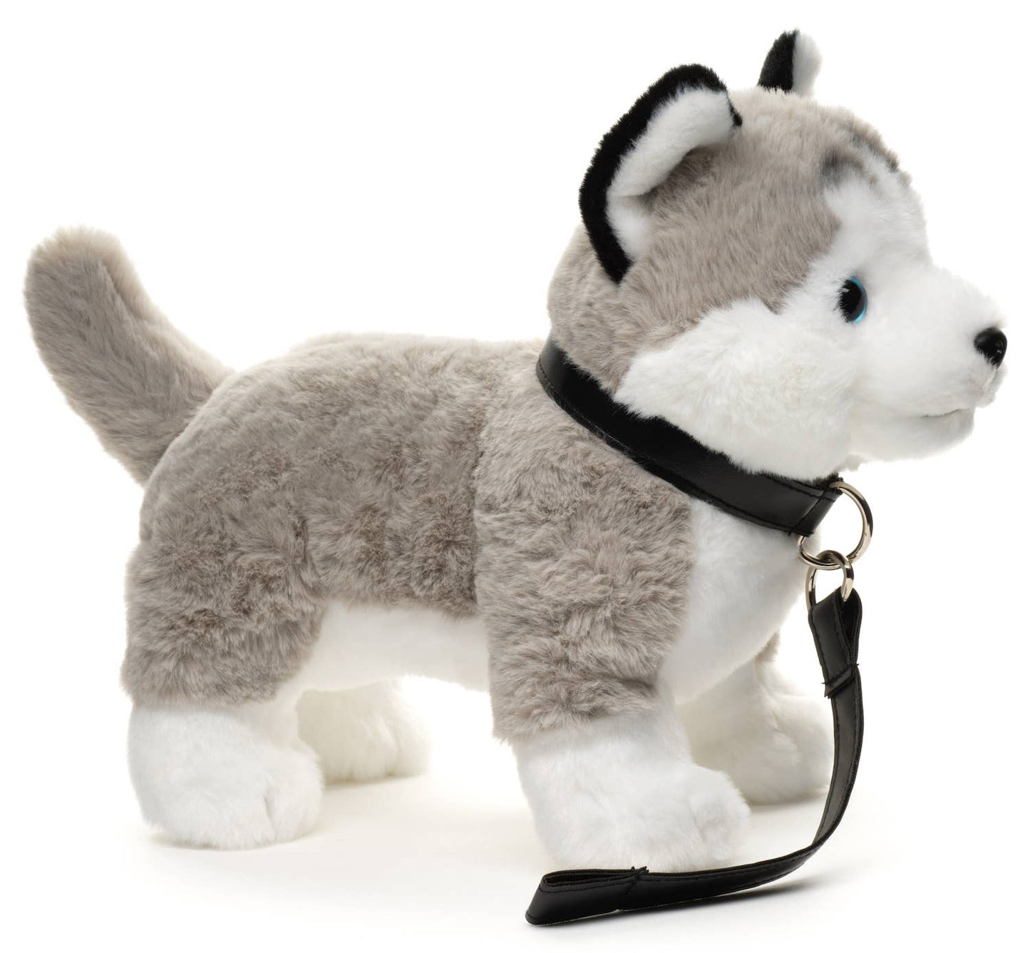 Grijze husky pluche knuffel, staand (met riem)