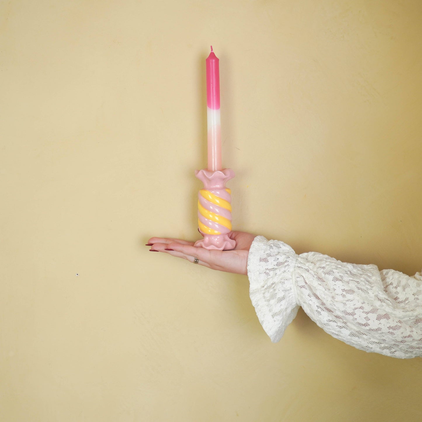 Candlestick - Toffee Candy - Ceramic - Pink/Yellow - 7.5x7.5x13 cm