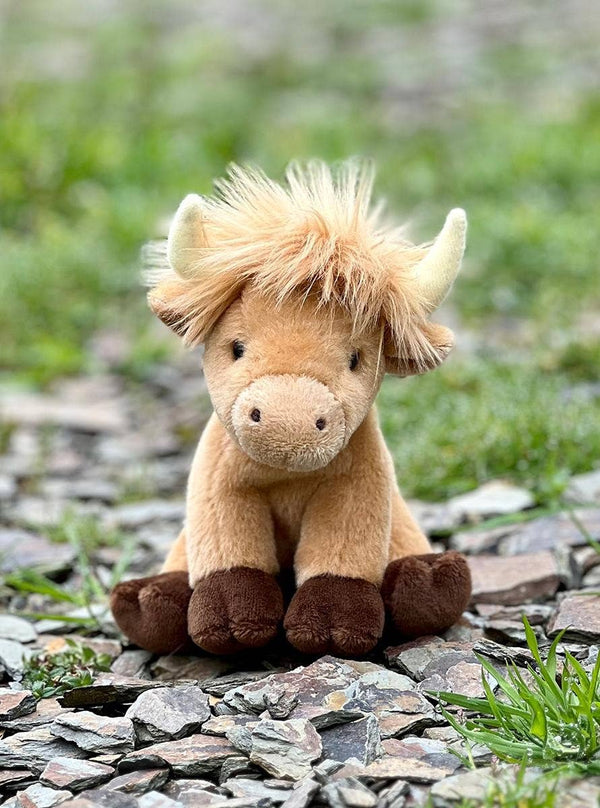 Pluche knuffel van een Schotse hooglandkalf.
