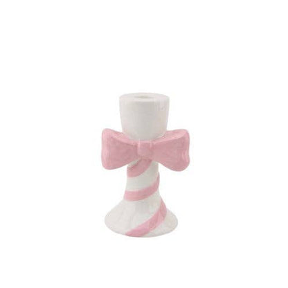 Candelabro - Rayas con lazo - Blanco/Rosa - 9x8x14cm