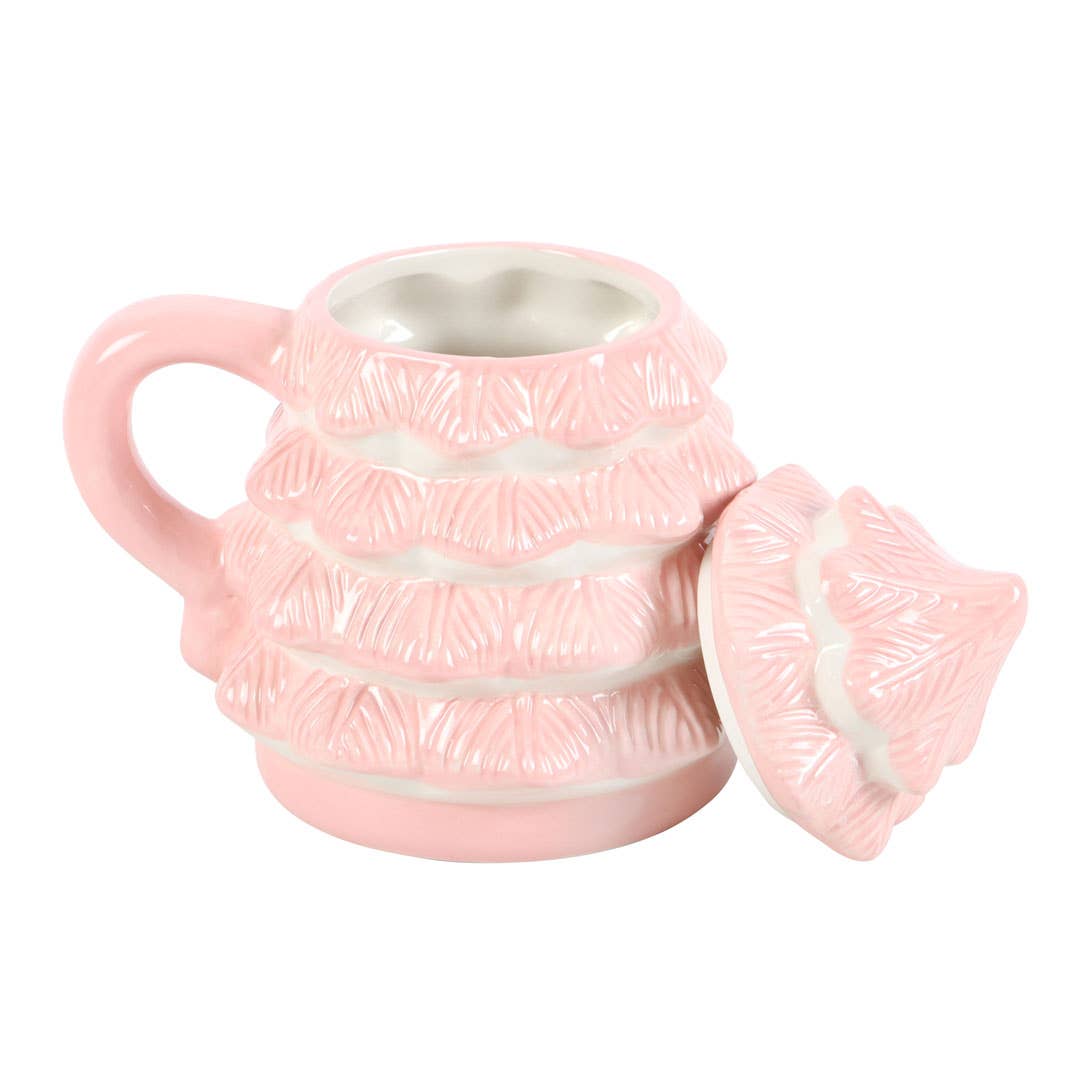 taza rosa con forma de árbol de Navidad