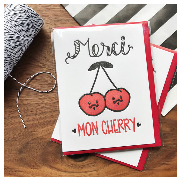 Biglietto d'auguri con ciliegie, "Grazie, mia ciliegia"
