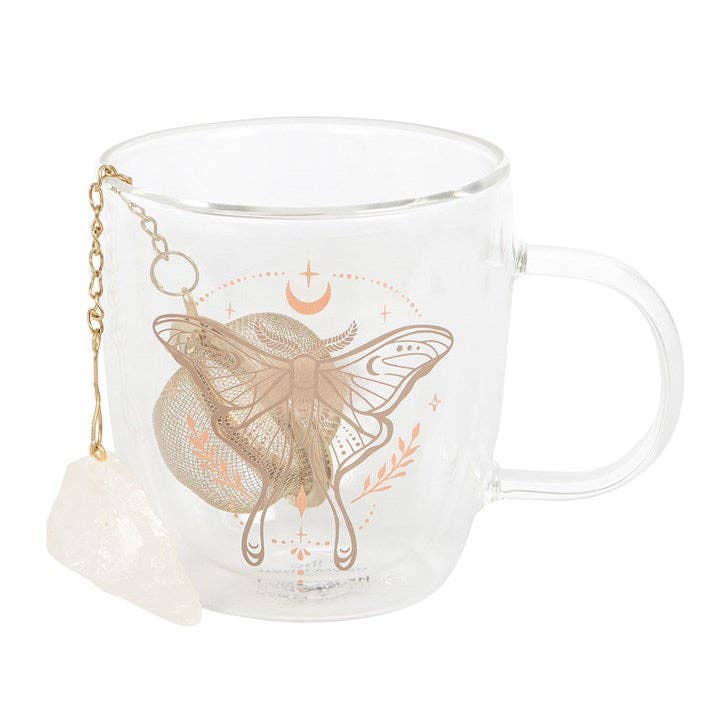 Mug en verre double paroi avec infuseur de thé en cristal et motif de Papillon lunaire
