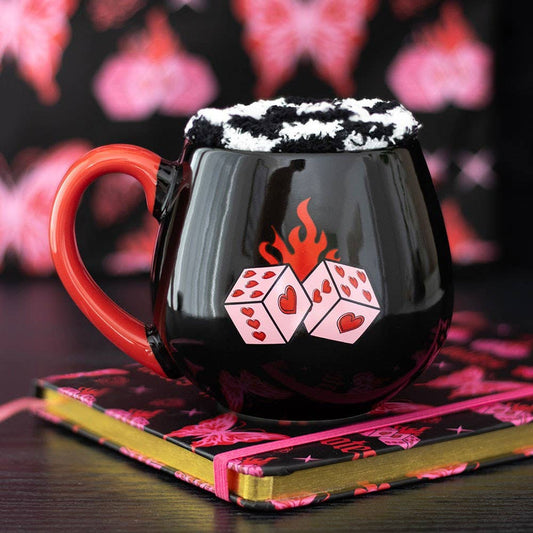 Rebel Romance Mug &amp; Socks Gift Set – Flaming Dice