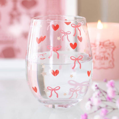 Stemless glass with bow and heart pattern