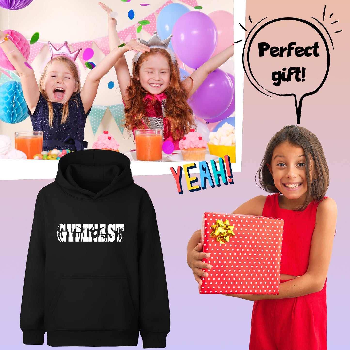 Fringoo Gymnastic Hoodie for Kids Cotton Rich Soft Hooded Sweatshirt - Gymnast Black