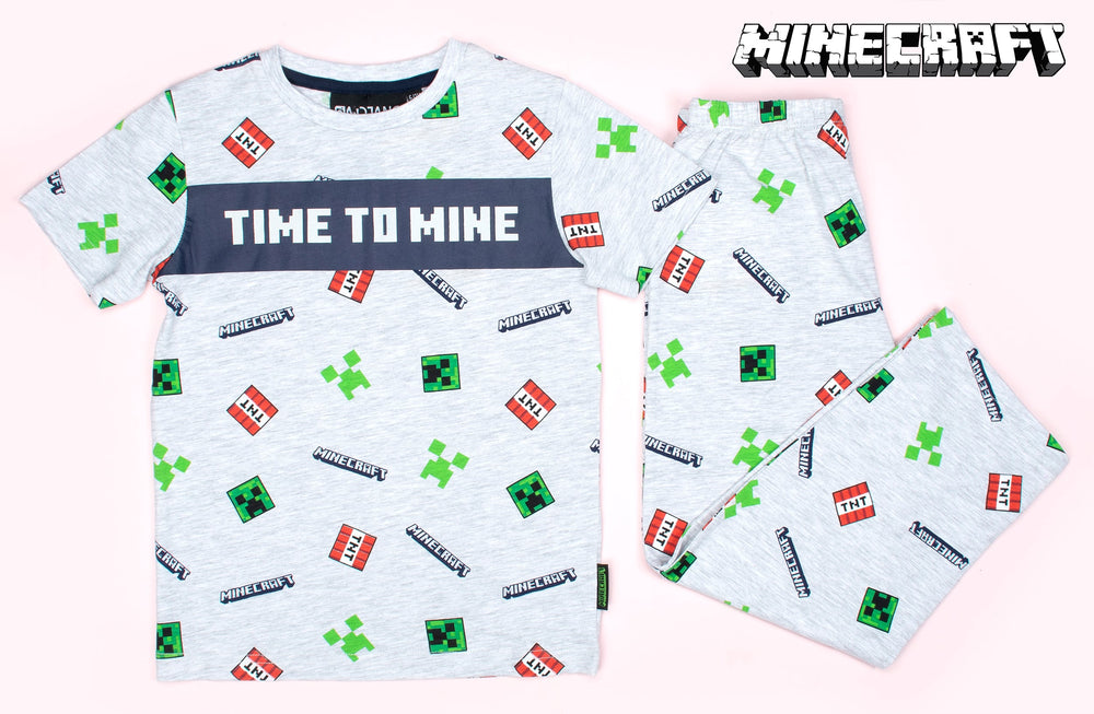 Pyjama Minecraft – Short Sleeve – 'Time to Mine' gris