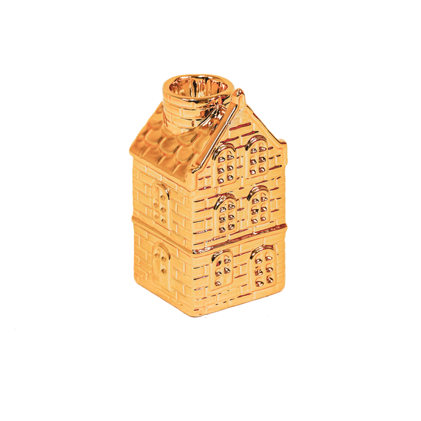 Bougeoir - Maison - Céramique - Doré - 6x5,5x11cm