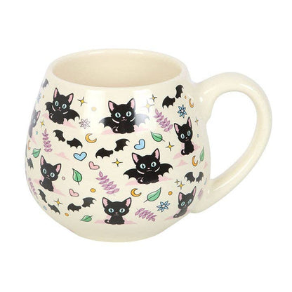 Round ceramic mug with cute and mysterious black cat designs