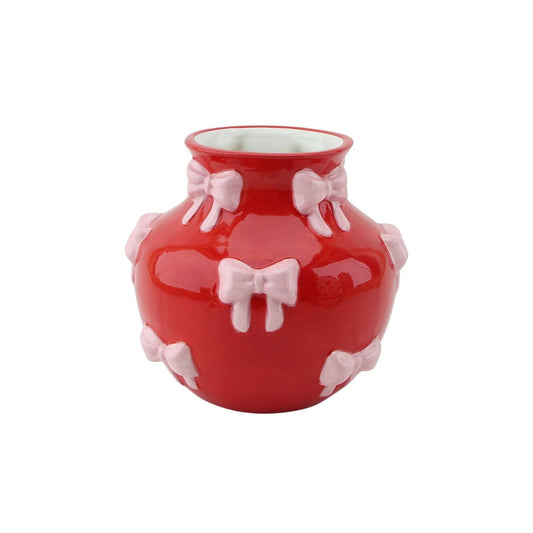 Jarrón - Jarrón de flores con lazo - Rojo/Rosa - 14,5 x 14,5 x 13 cm