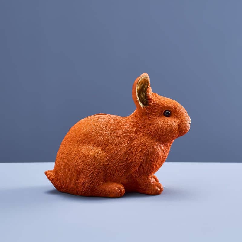 Thrifty rabbit, orange polyurethane resin, 21 x 11 x 16 cm