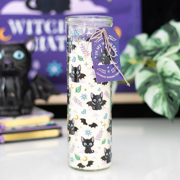 Bougie tube lavande avec imprimé de chat chauve-souris mignon et effrayant