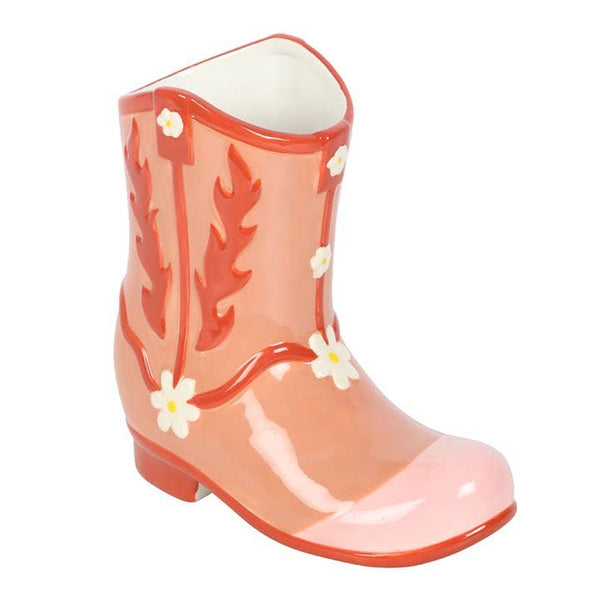 Jarrón con forma de bota de vaquero rosa