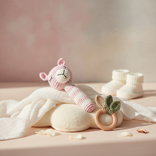 Sonajero de llama de crochet - rosa claro