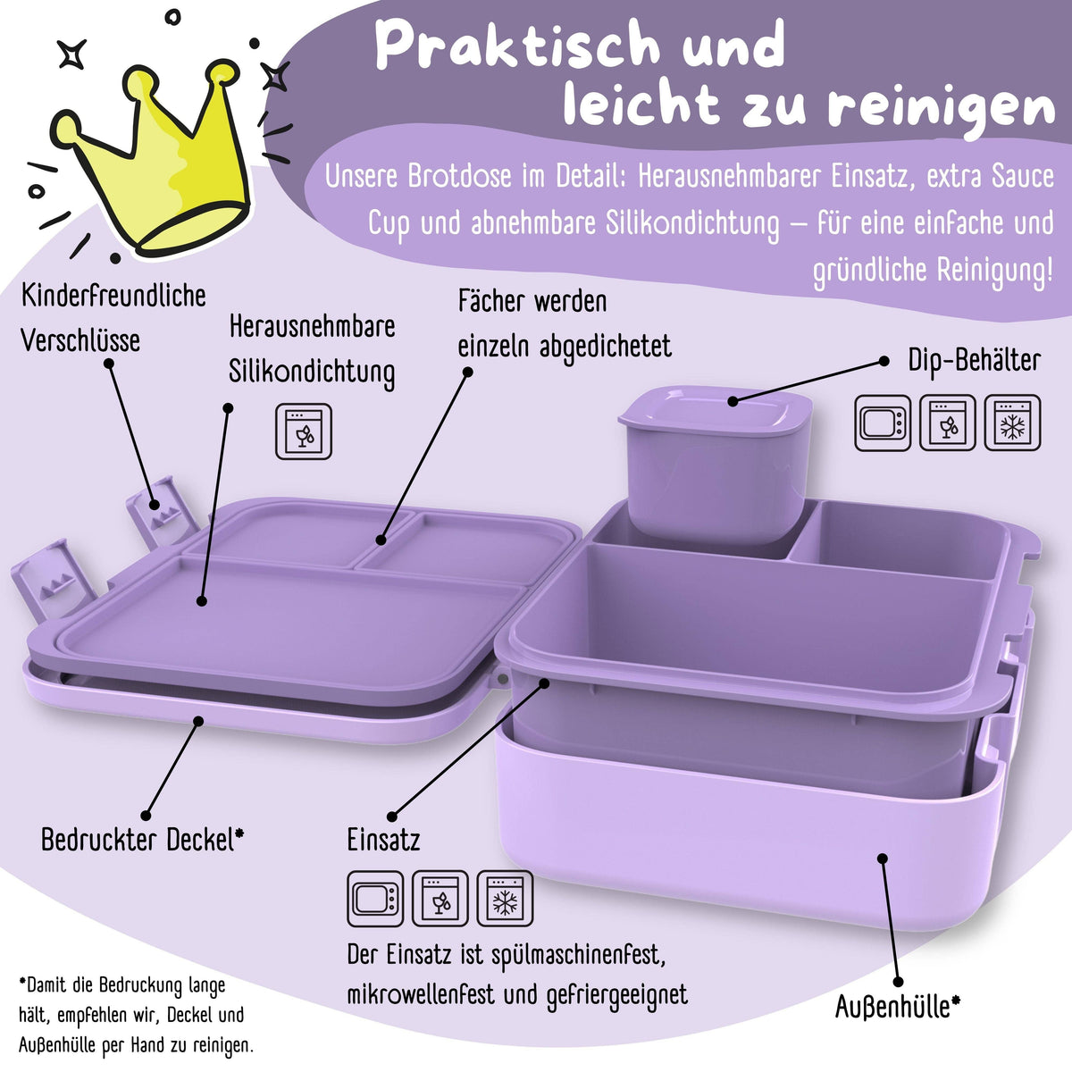 Brotdose mit Fächern, auslaufsicher - Hund & Katze lila