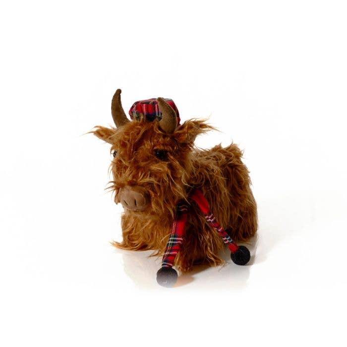 Butée de porte vache des Highlands de Noël avec chapeau et écharpe en tartan