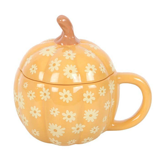 Pumpkin floral pattern mug with lid