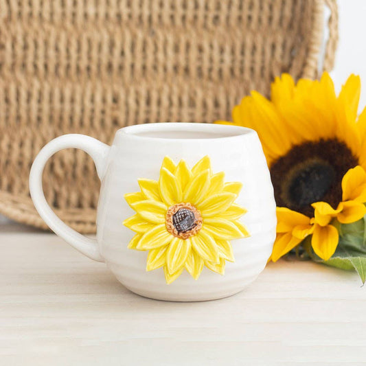 Taza redonda "Hello Sunshine" con girasol en 3D