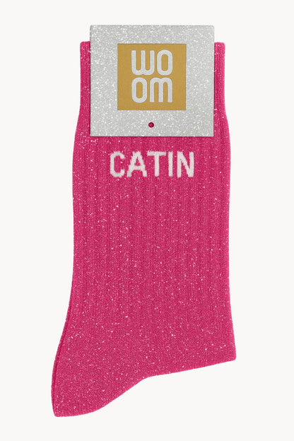 Chaussettes à Paillettes à Message "Catin" - Fuschia