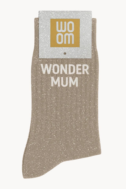 Chaussettes à Paillettes à Message "Wonder Mum" - Beige