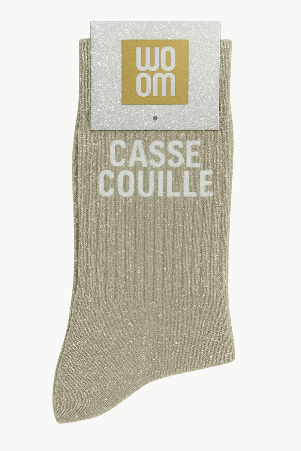 Chaussettes à Paillettes à Message"Casse-Couille" - Beige