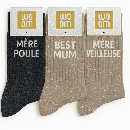 Chaussettes à Paillettes à Message "Mère Veilleuse" - Beige