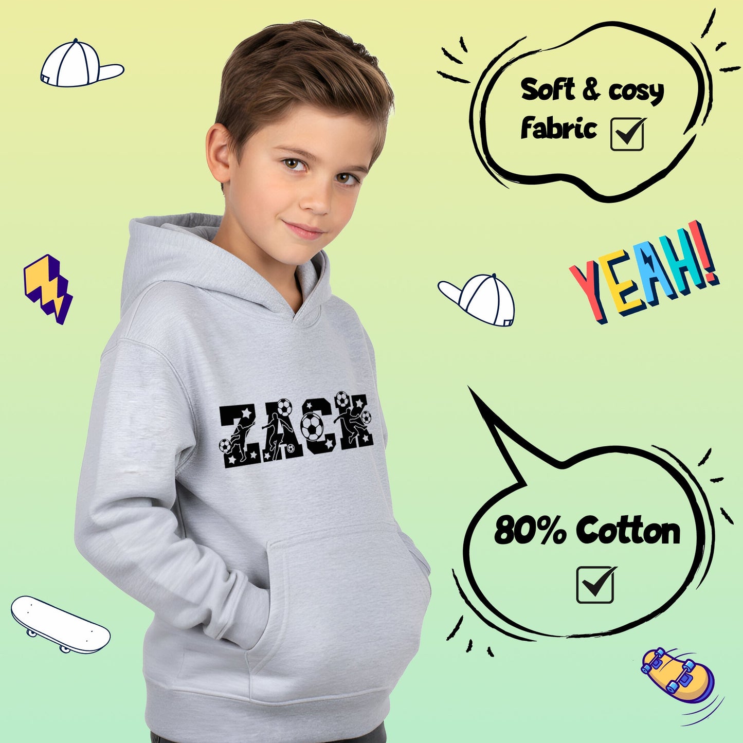Fringoo football Sweat à capuche gris garçon Cotton Rich Soft Hooded Sweatshirt- football Alphabet gris