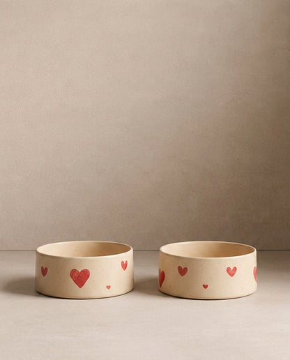 Cozy Hearts Stoneware Pet Bowl 14cm 2 Pieces Set