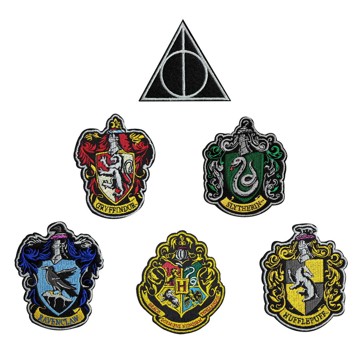 Set de 6 Écussons Deluxe Maisons Poudlard et Reliques de La Mort