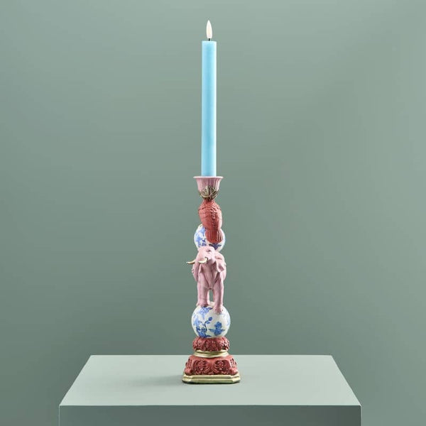 Bougeoir Oiseau sur Éléphant, Résine Rose, 13 x 9x30,5