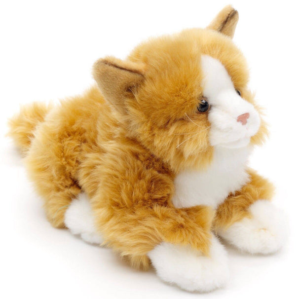 Peluche chat brun couché-rouge Uni Toys