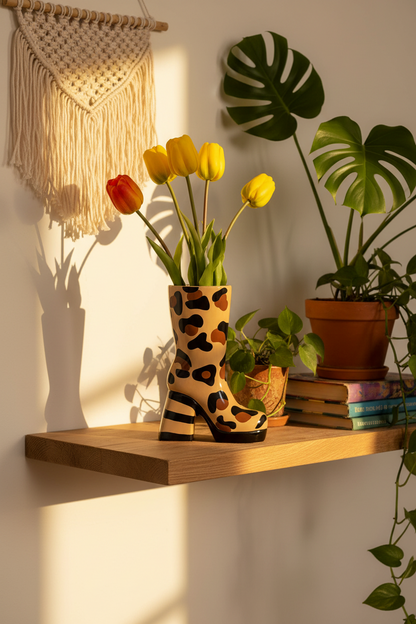 Vase en céramique en forme de bottine à talon, imprimé léopard