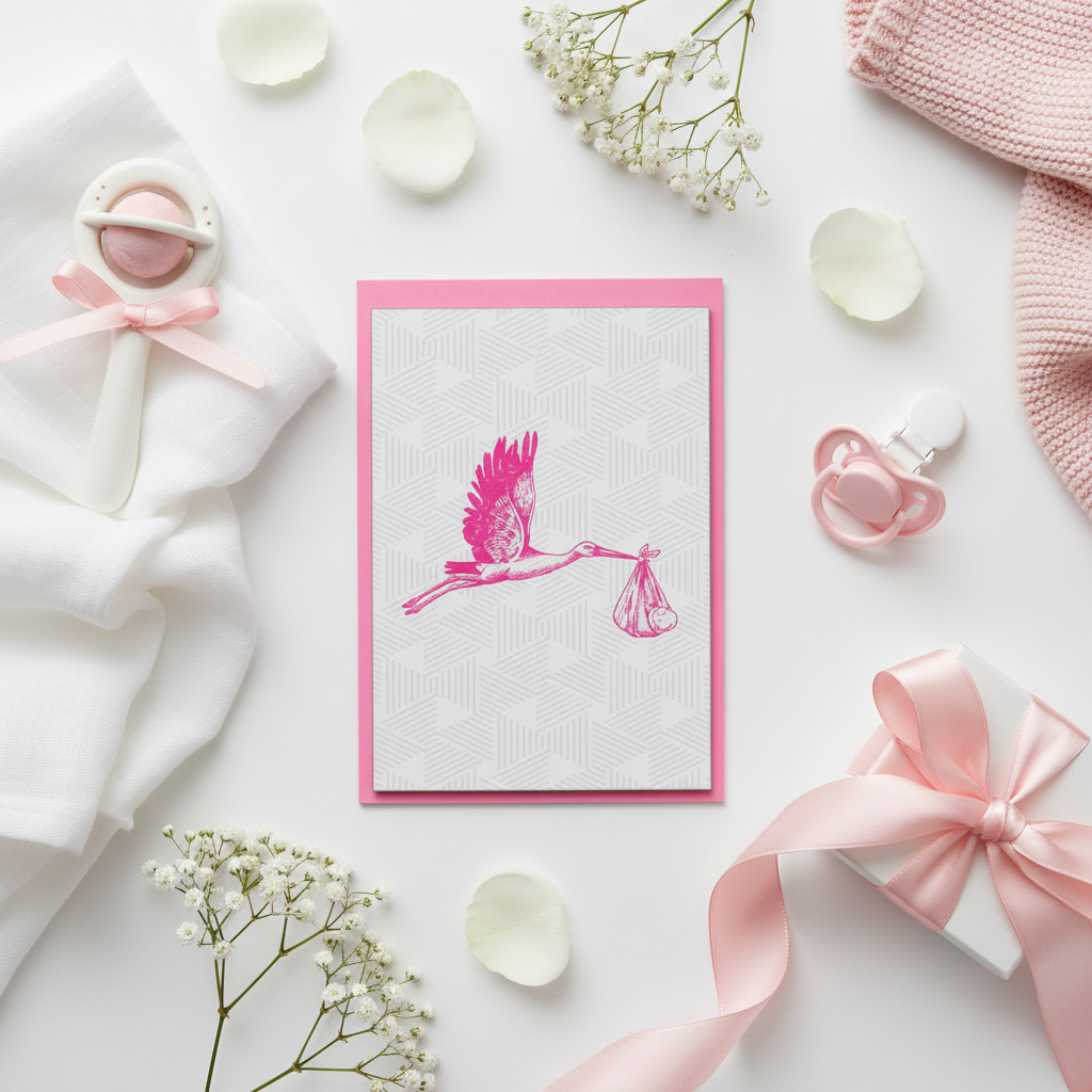 Cartão de felicitações com cegonha bebé rosa