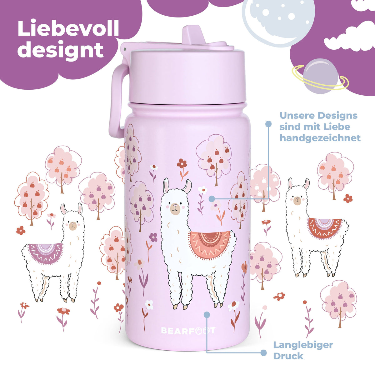 Thermo Kinder Trinkflasche Edelstahl - Lama lila