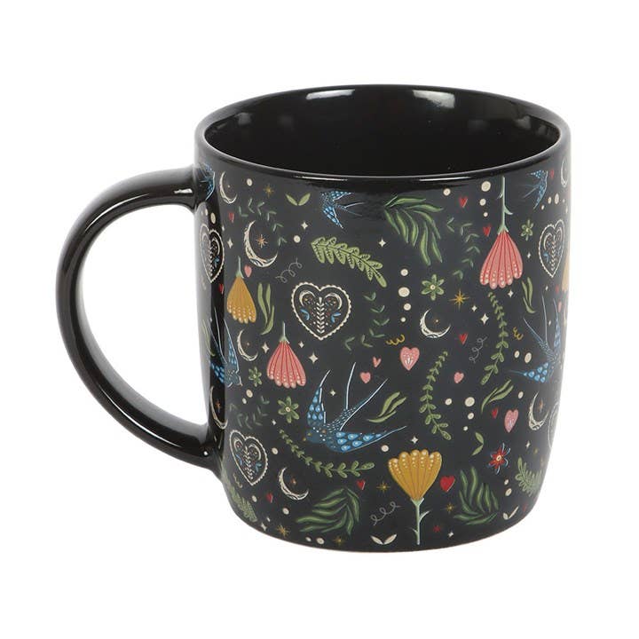 Taza floral folklórica negra Midnight Bloom