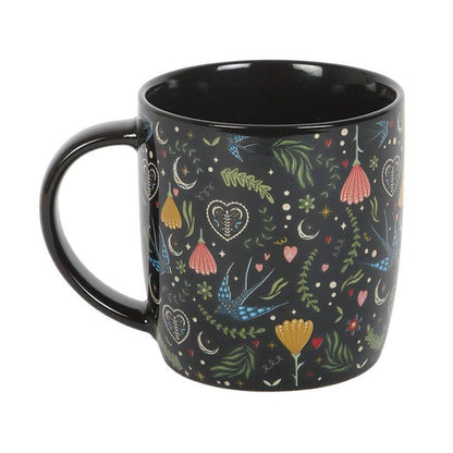 Taza floral folklórica negra Midnight Bloom