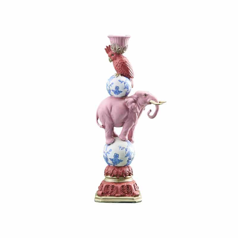 Bird on Elephant Candle Holder, Pink Resin, 13 x 9 x 30.5 cm