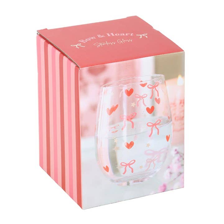 Stemless glass with bow and heart pattern