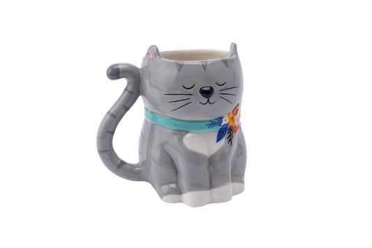 Taza 3D Gatito Gris con Flores
