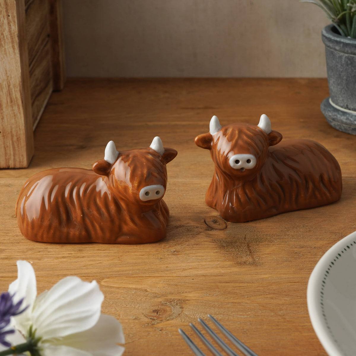 Zout- en peperstrooiers van Bramble Farm Highland Cow in een geschenkdoos.