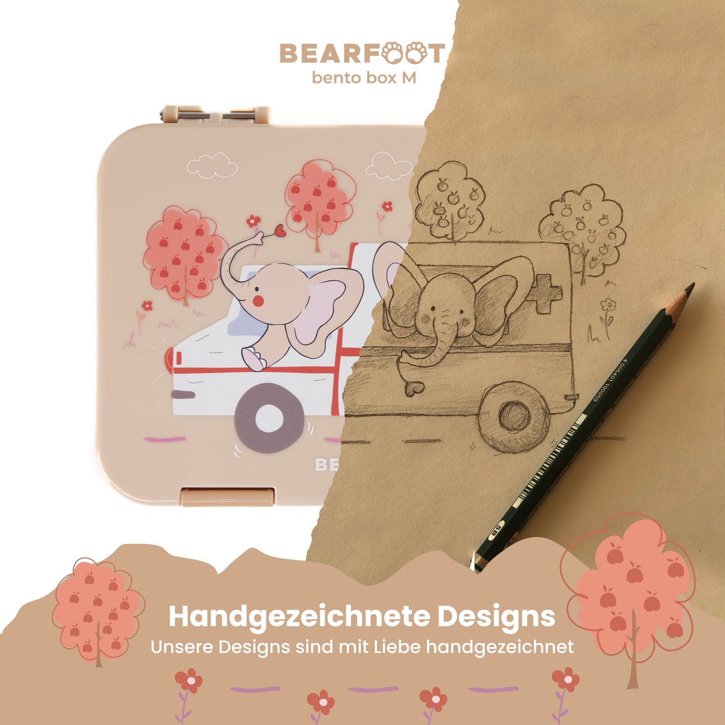 Brotdose Kinder mit Fächern, Lunchbox, Bento box - Elefanten
