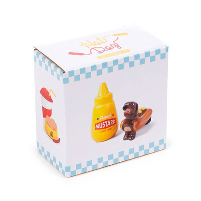 Ceramic hot dog and mustard salt and pepper shakers