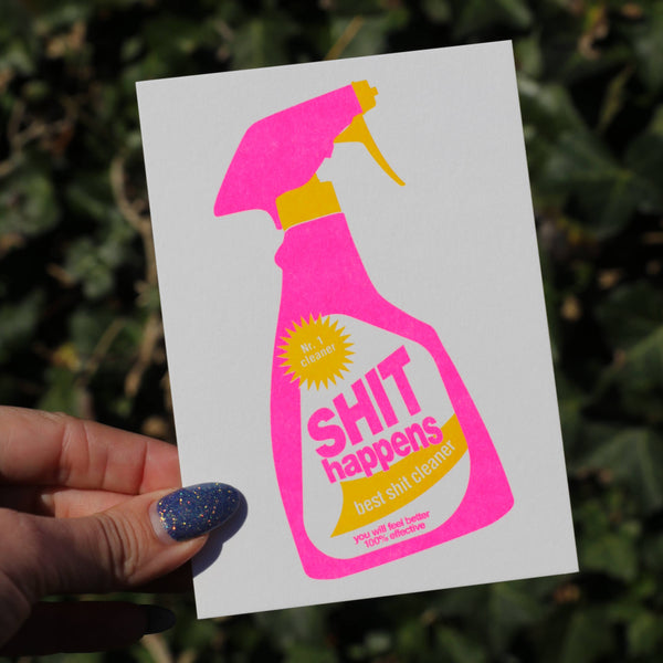 Spray detergente per rizografia di cartoline "Shit Happens"